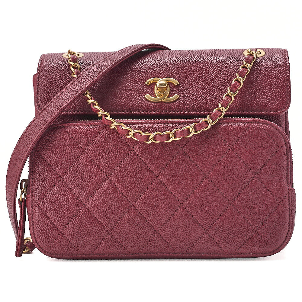 CHANEL Caviar Skin Matelasse Single Flap Chain Shoulder Red Gold-Tone Hardware, Pre-Owned