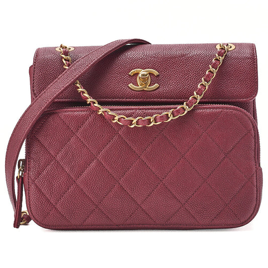 CHANEL Caviar Skin Matelasse Single Flap Chain Shoulder Red Gold-Tone Hardware, Pre-Owned