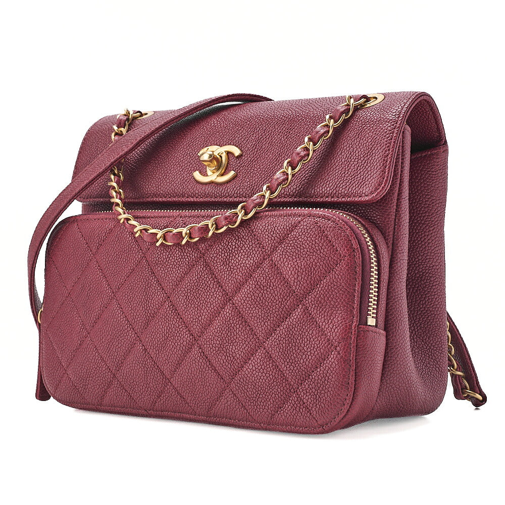 CHANEL Caviar Skin Matelasse Single Flap Chain Shoulder Red Gold-Tone Hardware, Pre-Owned