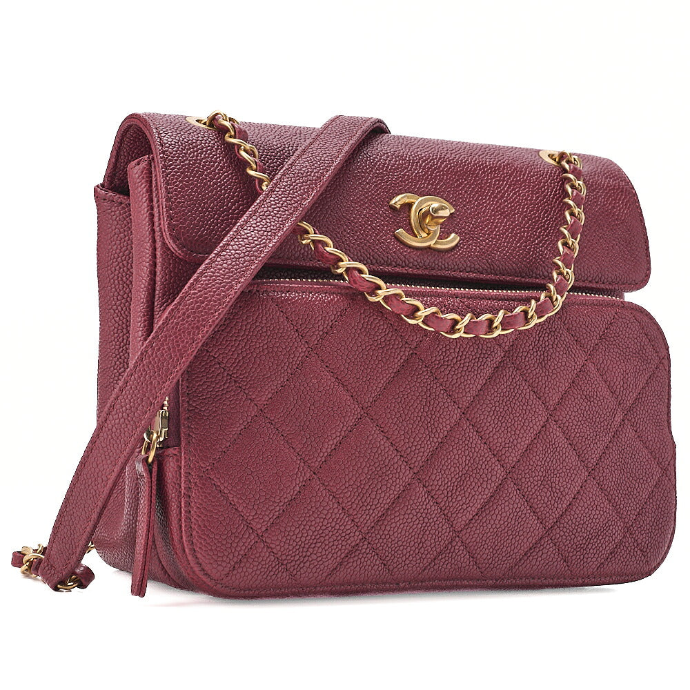 CHANEL Caviar Skin Matelasse Single Flap Chain Shoulder Red Gold-Tone Hardware, Pre-Owned
