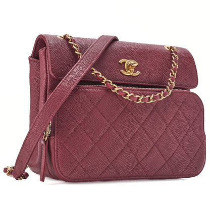 CHANEL Caviar Skin Matelasse Single Flap Chain Shoulder Red Gold-Tone Hardware, Pre-Owned
