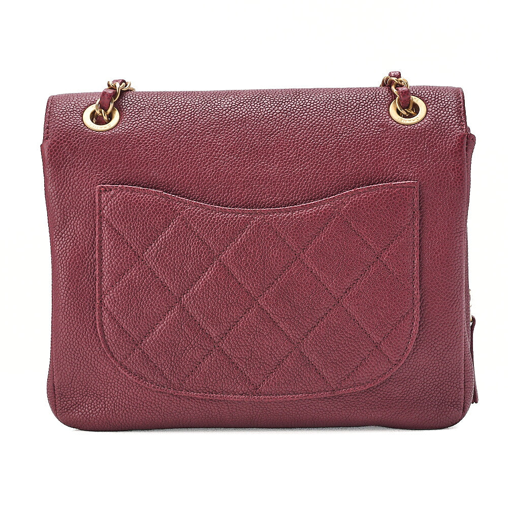 CHANEL Caviar Skin Matelasse Single Flap Chain Shoulder Red Gold-Tone Hardware, Pre-Owned