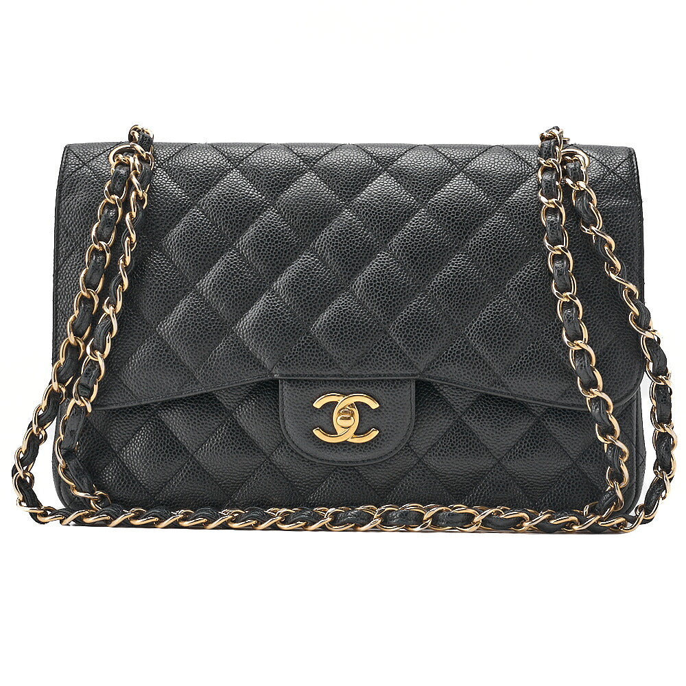 CHANEL Caviar Skin Deka Matelasse Double Flap Chain Shoulder Bag Black Gold-Tone Hardware, Pre-Owned