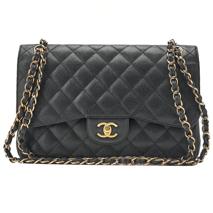 CHANEL Caviar Skin Deka Matelasse Double Flap Chain Shoulder Bag Black Gold-Tone Hardware, Pre-Owned