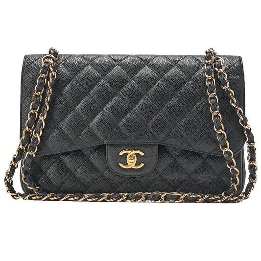 CHANEL Caviar Skin Deka Matelasse Double Flap Chain Shoulder Bag Black Gold-Tone Hardware, Pre-Owned