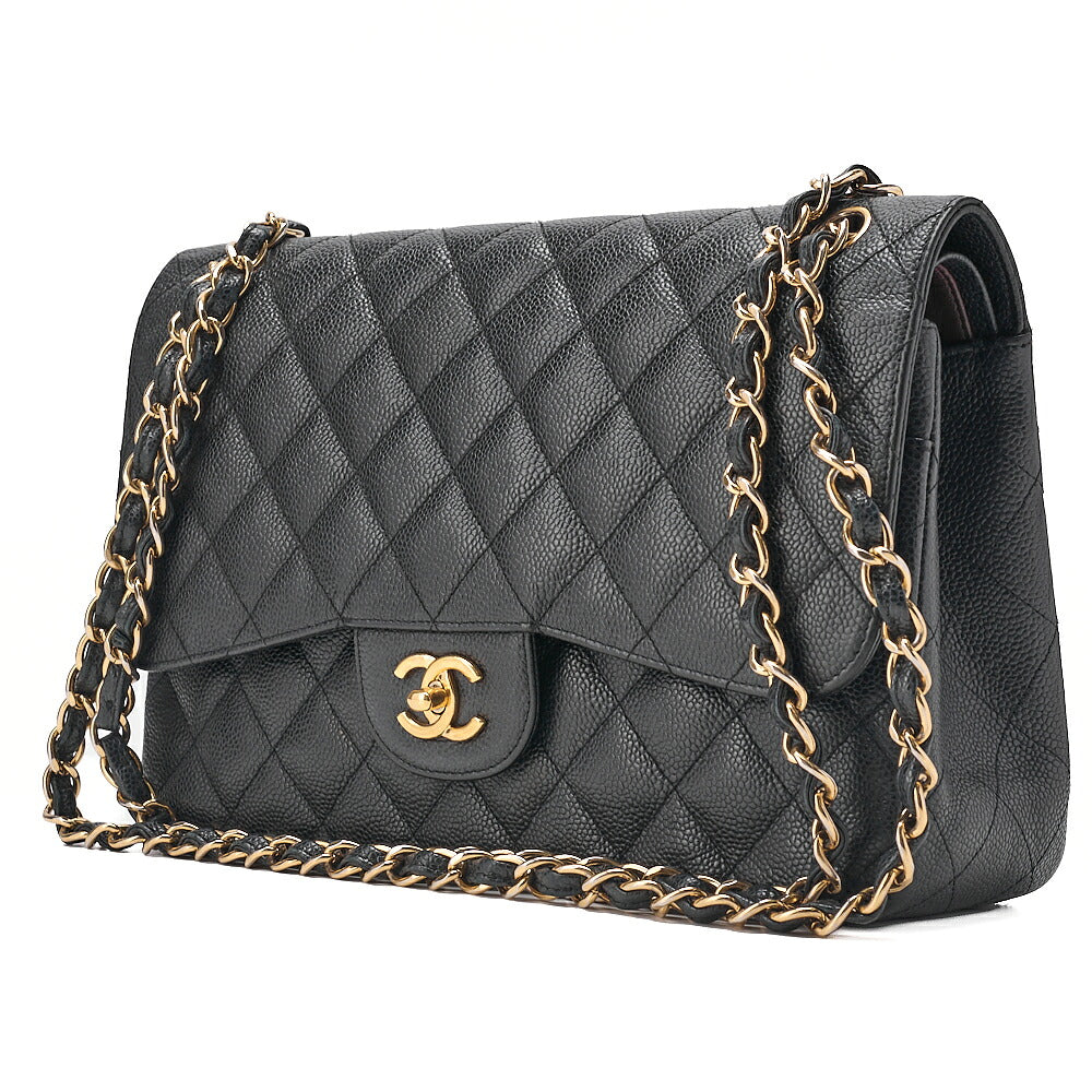 CHANEL Caviar Skin Deka Matelasse Double Flap Chain Shoulder Bag Black Gold-Tone Hardware, Pre-Owned