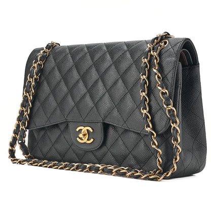 CHANEL Caviar Skin Deka Matelasse Double Flap Chain Shoulder Bag Black Gold-Tone Hardware, Pre-Owned