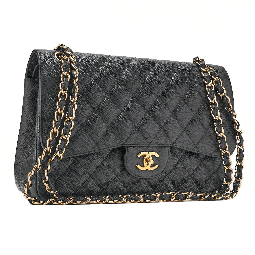 CHANEL Caviar Skin Deka Matelasse Double Flap Chain Shoulder Bag Black Gold-Tone Hardware, Pre-Owned