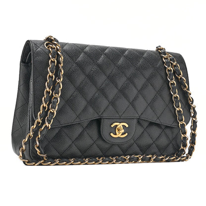 CHANEL Caviar Skin Deka Matelasse Double Flap Chain Shoulder Bag Black Gold-Tone Hardware, Pre-Owned