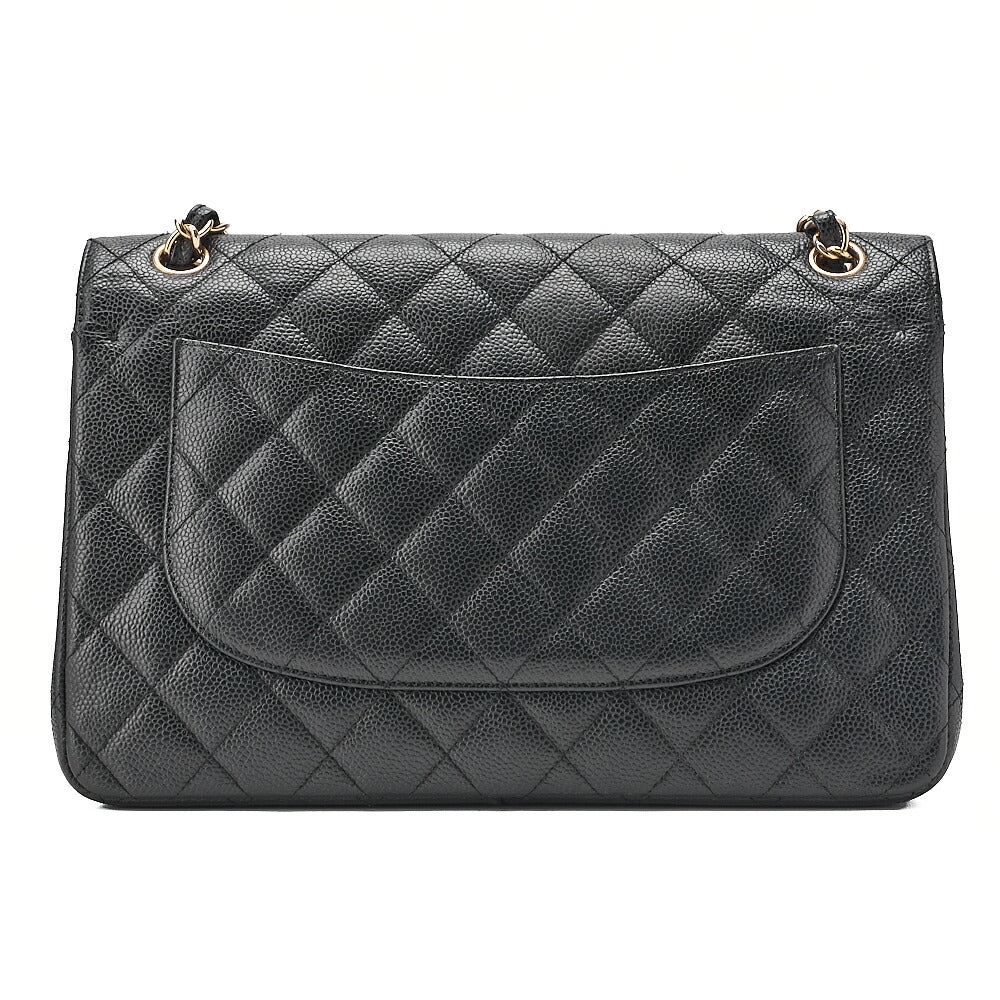 CHANEL Caviar Skin Deka Matelasse Double Flap Chain Shoulder Bag Black Gold-Tone Hardware, Pre-Owned