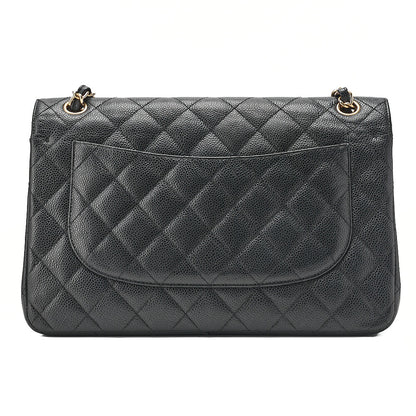 CHANEL Caviar Skin Deka Matelasse Double Flap Chain Shoulder Bag Black Gold-Tone Hardware, Pre-Owned
