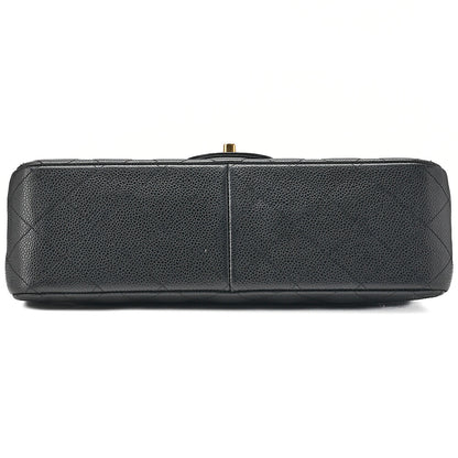 CHANEL Caviar Skin Deka Matelasse Double Flap Chain Shoulder Bag Black Gold-Tone Hardware, Pre-Owned
