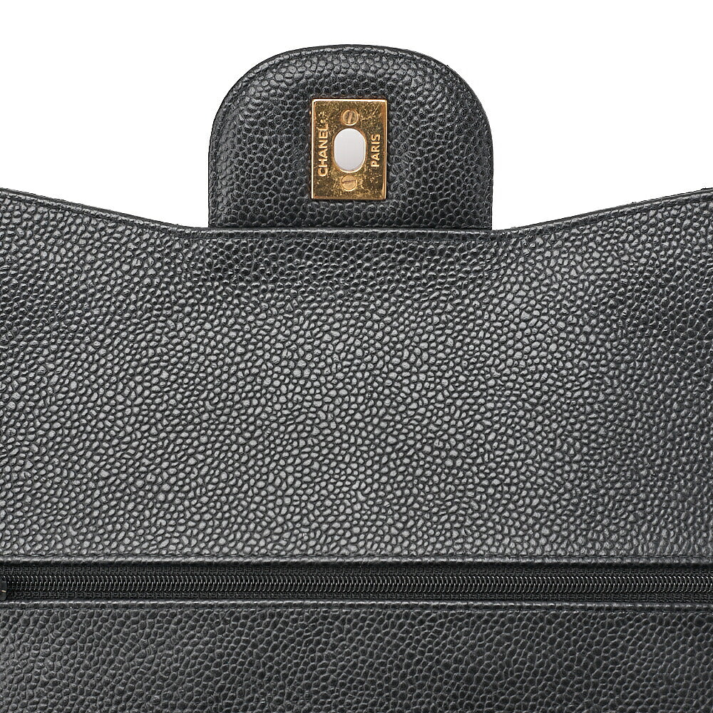 CHANEL Caviar Skin Deka Matelasse Double Flap Chain Shoulder Bag Black Gold-Tone Hardware, Pre-Owned