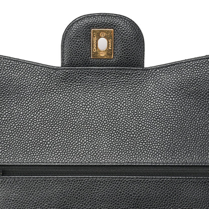CHANEL Caviar Skin Deka Matelasse Double Flap Chain Shoulder Bag Black Gold-Tone Hardware, Pre-Owned