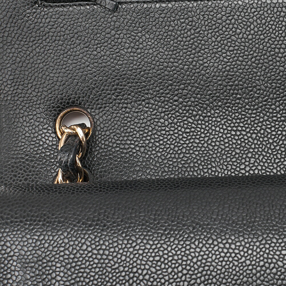 CHANEL Caviar Skin Deka Matelasse 33cm Double Flap Chain Shoulder Bag Black Gold-Tone Hardware, Pre-Owned