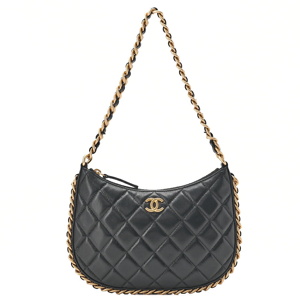 CHANEL Lambskin Matelasse Hobo Bag Chain Shoulder Black Gold-Tone Hardware, Pre-Owned
