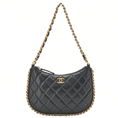 CHANEL Lambskin Matelasse Hobo Bag Chain Shoulder Black Gold-Tone Hardware, Pre-Owned