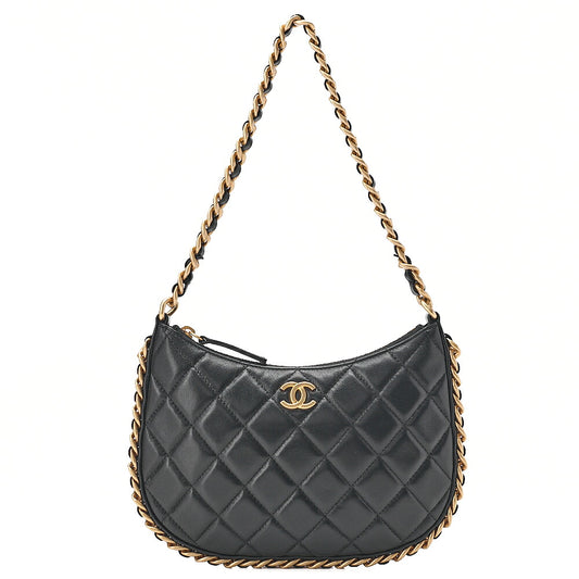 CHANEL Lambskin Matelasse Hobo Bag Chain Shoulder Black Gold-Tone Hardware, Pre-Owned