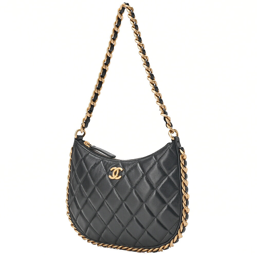 CHANEL Lambskin Matelasse Hobo Bag Chain Shoulder Black Gold-Tone Hardware, Pre-Owned