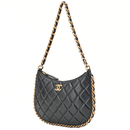 CHANEL Lambskin Matelasse Hobo Bag Chain Shoulder Black Gold-Tone Hardware, Pre-Owned