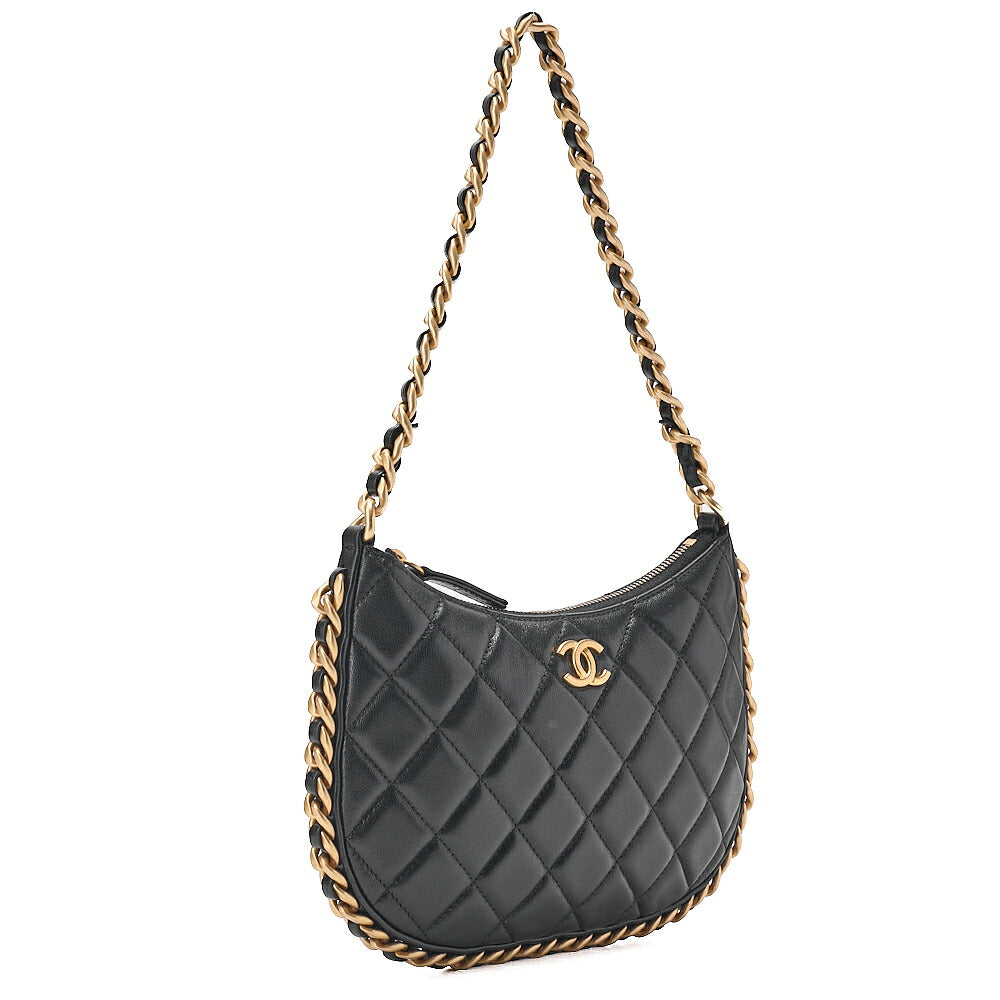 CHANEL Lambskin Matelasse Hobo Bag Chain Shoulder Black Gold-Tone Hardware, Pre-Owned