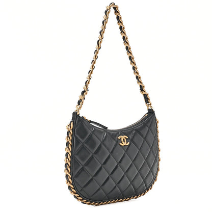 CHANEL Lambskin Matelasse Hobo Bag Chain Shoulder Black Gold-Tone Hardware, Pre-Owned