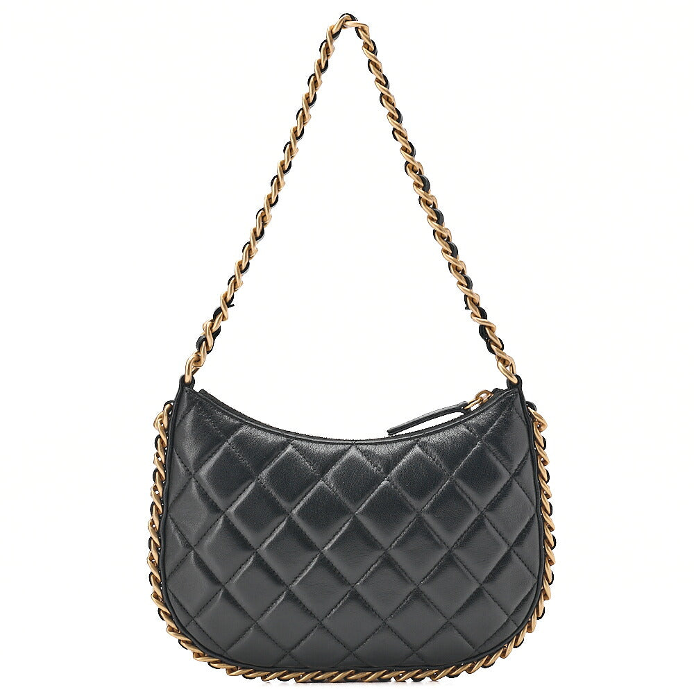 CHANEL Lambskin Matelasse Hobo Bag Chain Shoulder Black Gold-Tone Hardware, Pre-Owned