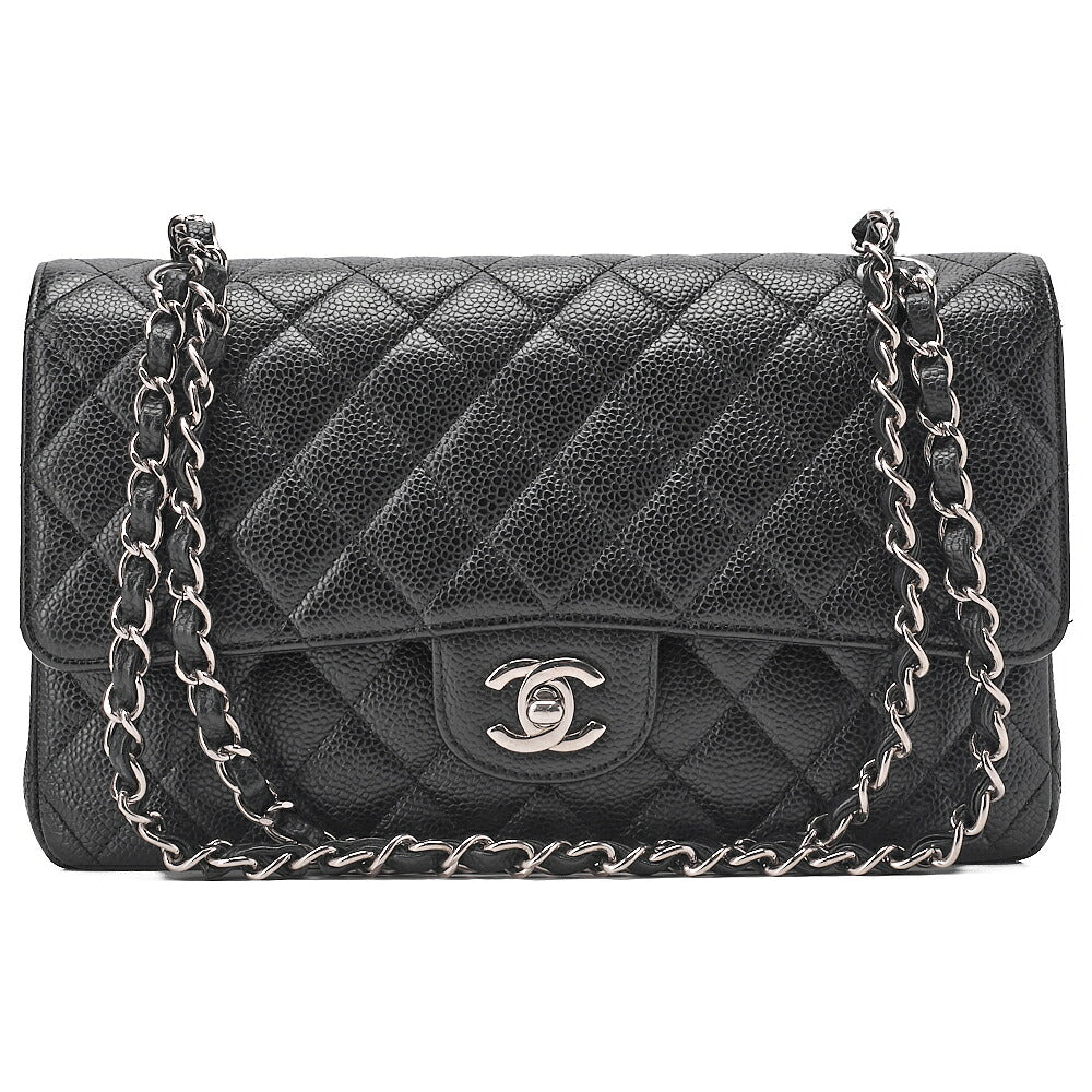 CHANEL Caviar Skin Matelasse Double Flap 25cm Chain Shoulder Black Silver-Tone Hardware, Pre-Owned