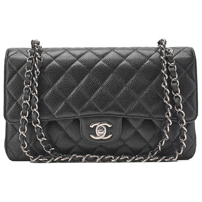 CHANEL Caviar Skin Matelasse Double Flap 25cm Chain Shoulder Black Silver-Tone Hardware, Pre-Owned
