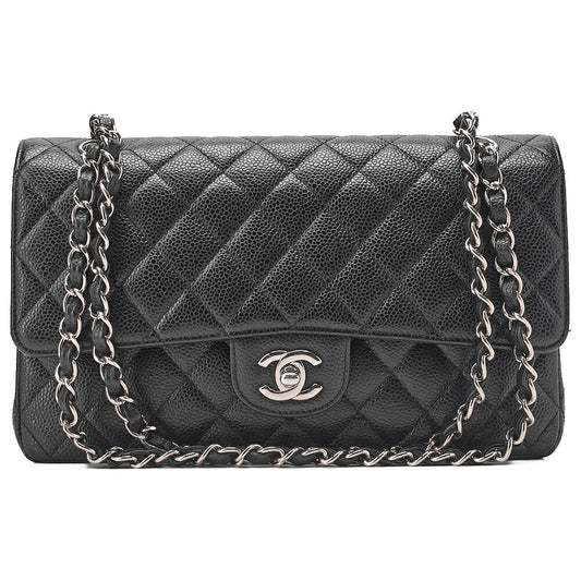 CHANEL Caviar Skin Matelasse Double Flap 25cm Chain Shoulder Black Silver-Tone Hardware, Pre-Owned