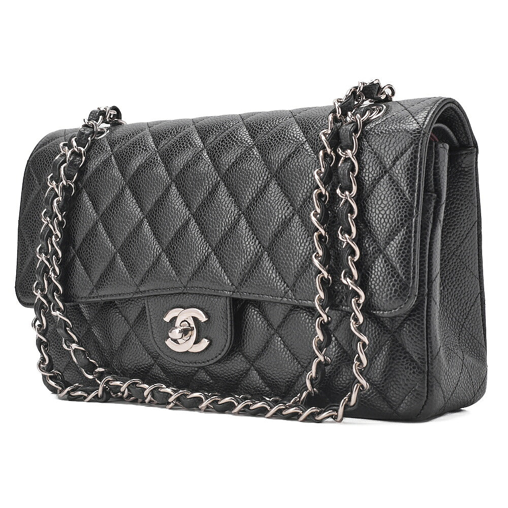 CHANEL Caviar Skin Matelasse Double Flap 25cm Chain Shoulder Black Silver-Tone Hardware, Pre-Owned