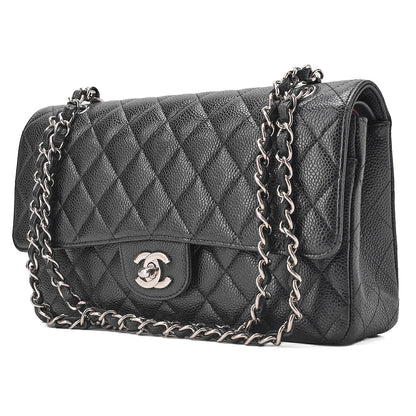 CHANEL Caviar Skin Matelasse Double Flap 25cm Chain Shoulder Black Silver-Tone Hardware, Pre-Owned
