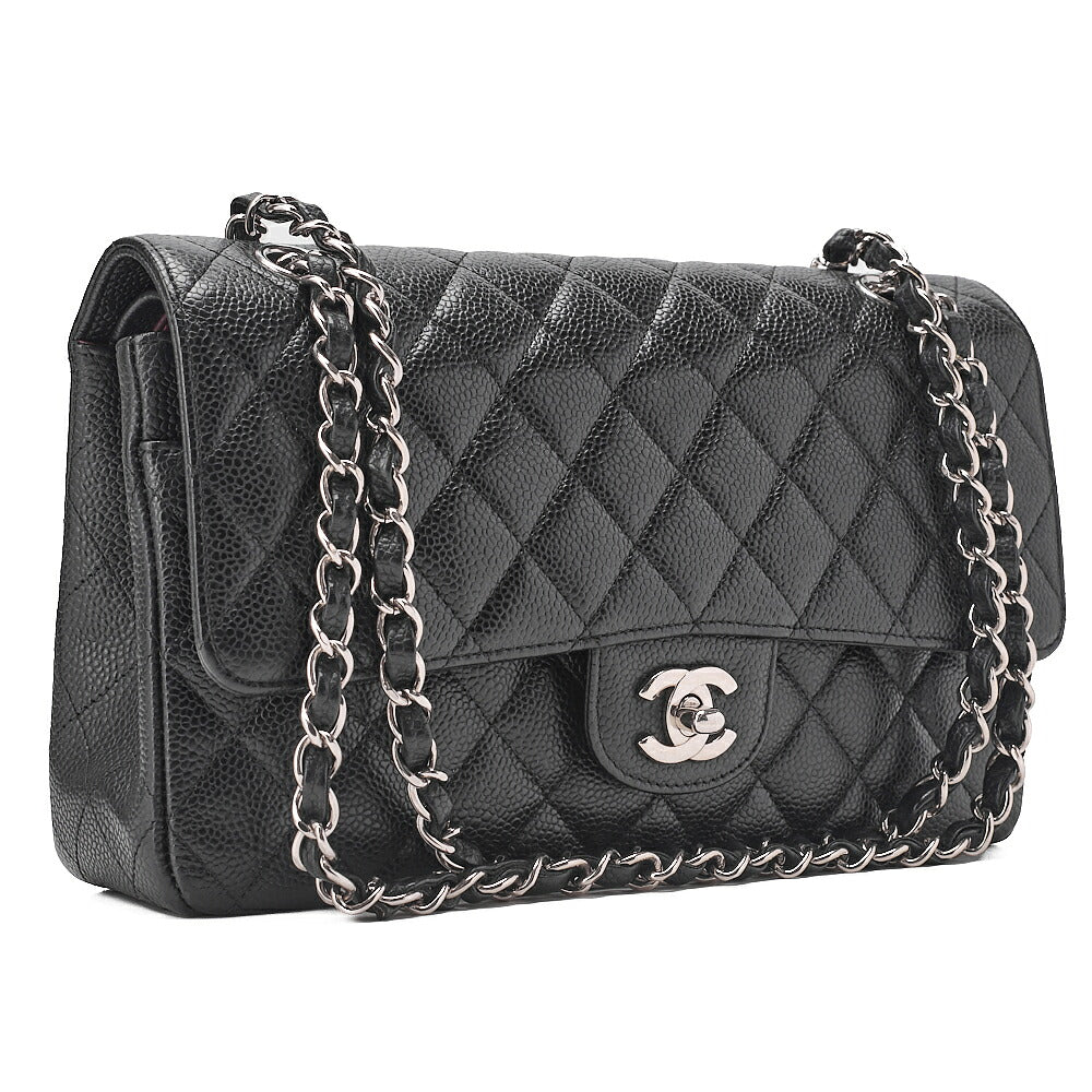 CHANEL Caviar Skin Matelasse Double Flap 25cm Chain Shoulder Black Silver-Tone Hardware, Pre-Owned