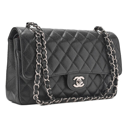 CHANEL Caviar Skin Matelasse Double Flap 25cm Chain Shoulder Black Silver-Tone Hardware, Pre-Owned