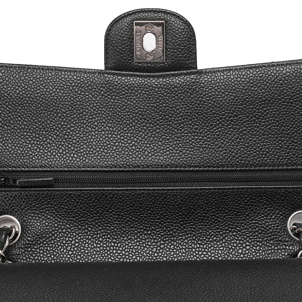 CHANEL Caviar Skin Matelasse Double Flap 25cm Chain Shoulder Black Silver-Tone Hardware, Pre-Owned
