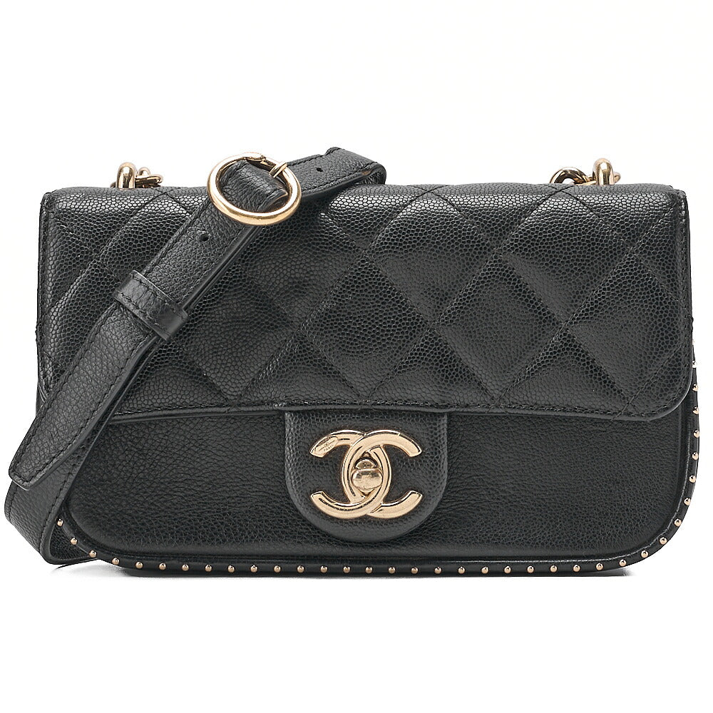 CHANEL Matelasse Caviar Skin Single Flap 2-Way Chain Shoulder Black Gold-Tone Hardware, Pre-Owned