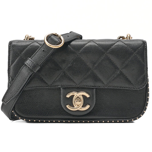 CHANEL Matelasse Caviar Skin Single Flap 2-Way Chain Shoulder Black Gold-Tone Hardware, Pre-Owned