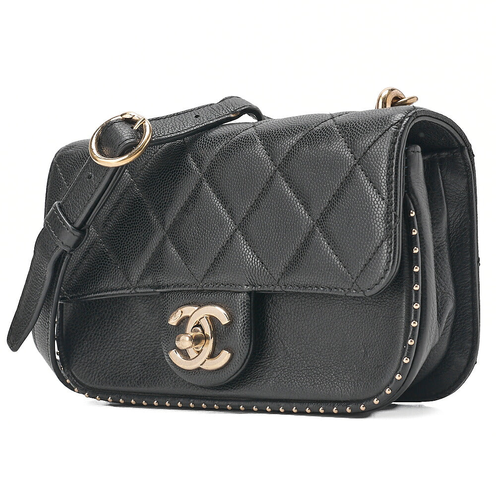 CHANEL Matelasse Caviar Skin Single Flap 2-Way Chain Shoulder Black Gold-Tone Hardware, Pre-Owned