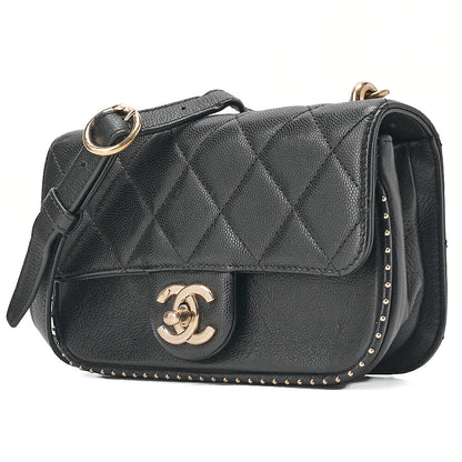 CHANEL Matelasse Caviar Skin Single Flap 2-Way Chain Shoulder Black Gold-Tone Hardware, Pre-Owned