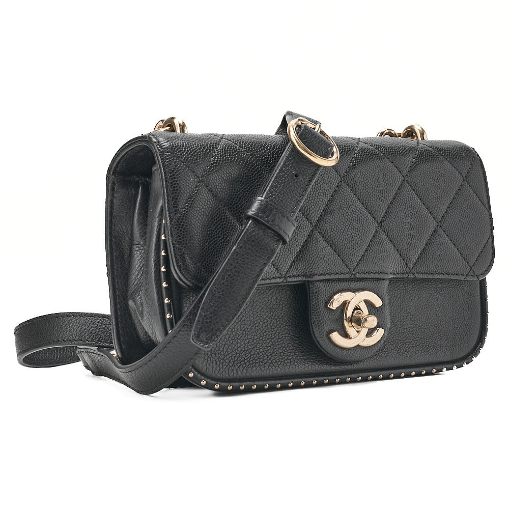 CHANEL Matelasse Caviar Skin Single Flap 2-Way Chain Shoulder Black Gold-Tone Hardware, Pre-Owned
