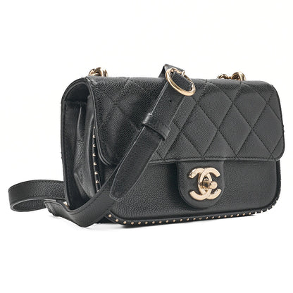 CHANEL Matelasse Caviar Skin Single Flap 2-Way Chain Shoulder Black Gold-Tone Hardware, Pre-Owned