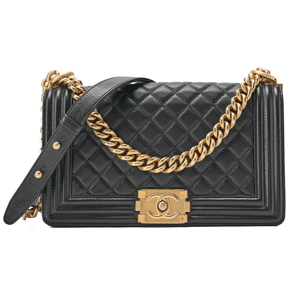 CHANEL Caviar Skin Boy Chanel 25 Chain Shoulder Black Gold-Tone Hardware, Pre-Owned
