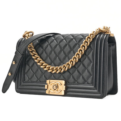 CHANEL Caviar Skin Boy Chanel 25 Chain Shoulder Black Gold-Tone Hardware, Pre-Owned