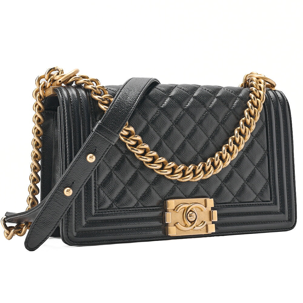 CHANEL Caviar Skin Boy Chanel 25 Chain Shoulder Black Gold-Tone Hardware, Pre-Owned