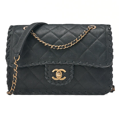 CHANEL Sparkle Leather Matelasse Braided Chain Shoulder Black Gold-Tone Hardware, Pre-Owned
