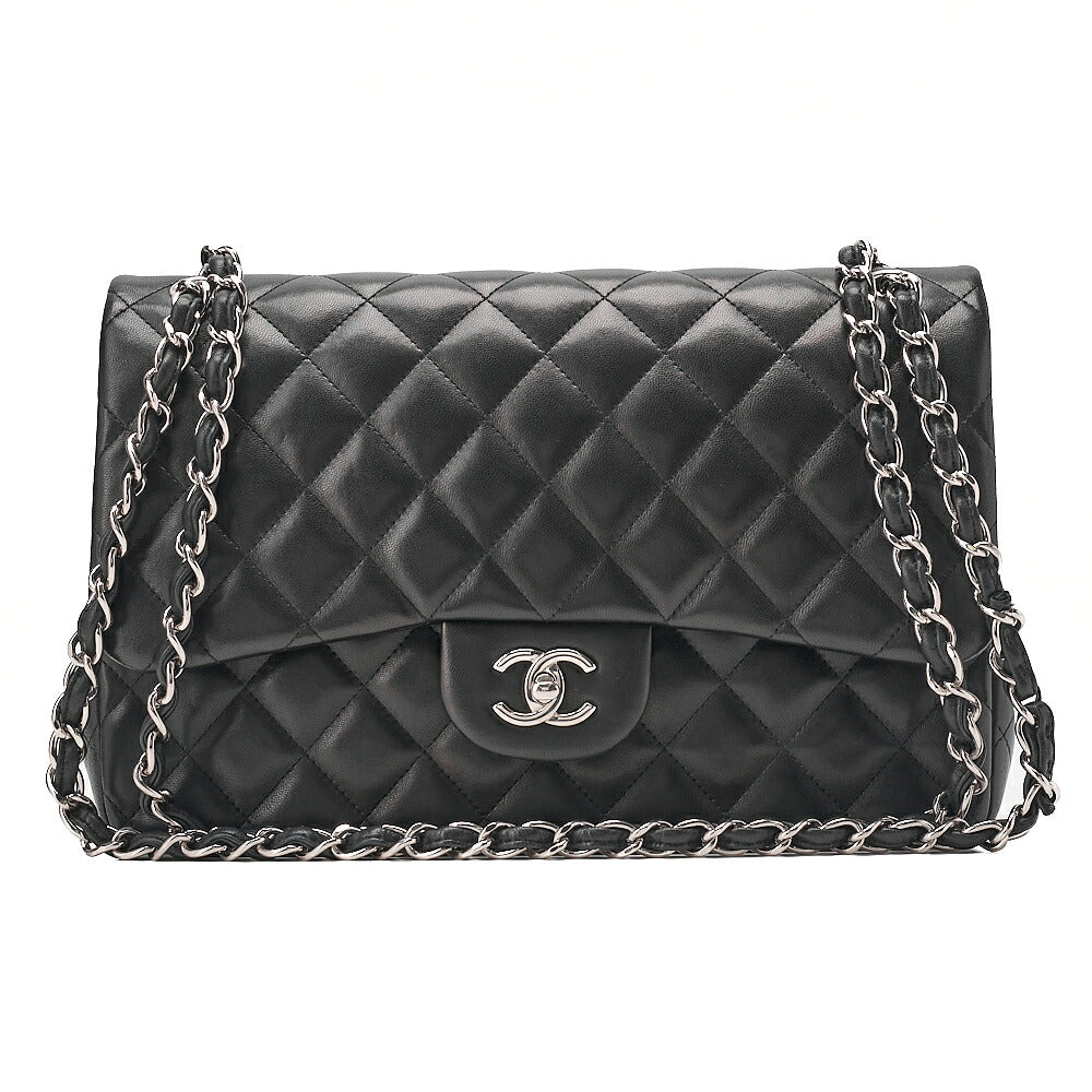 CHANEL Deka Matelasse Double Flap Turn Lock Chain Shoulder Bag Lambskin Black Silver-Tone Hardware, Pre-Owned