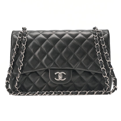 CHANEL Deka Matelasse Double Flap Turn Lock Chain Shoulder Bag Lambskin Black Silver-Tone Hardware, Pre-Owned