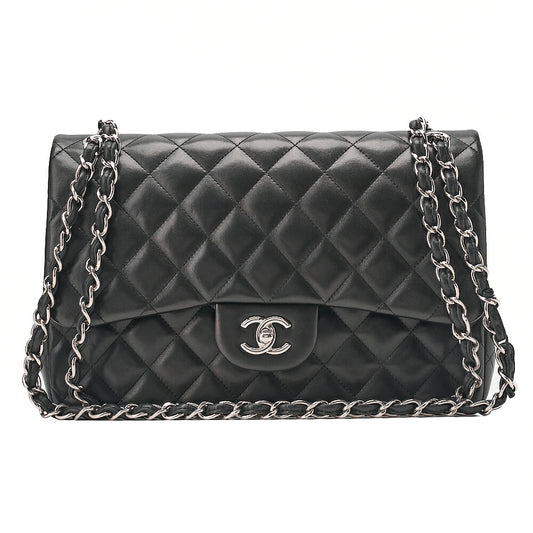 CHANEL Deka Matelasse Double Flap Turn Lock Chain Shoulder Bag Lambskin Black Silver-Tone Hardware, Pre-Owned