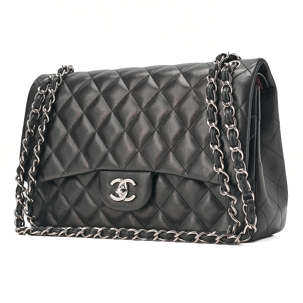 CHANEL Deka Matelasse Double Flap Turn Lock Chain Shoulder Bag Lambskin Black Silver-Tone Hardware, Pre-Owned