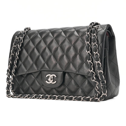 CHANEL Deka Matelasse Double Flap Turn Lock Chain Shoulder Bag Lambskin Black Silver-Tone Hardware, Pre-Owned